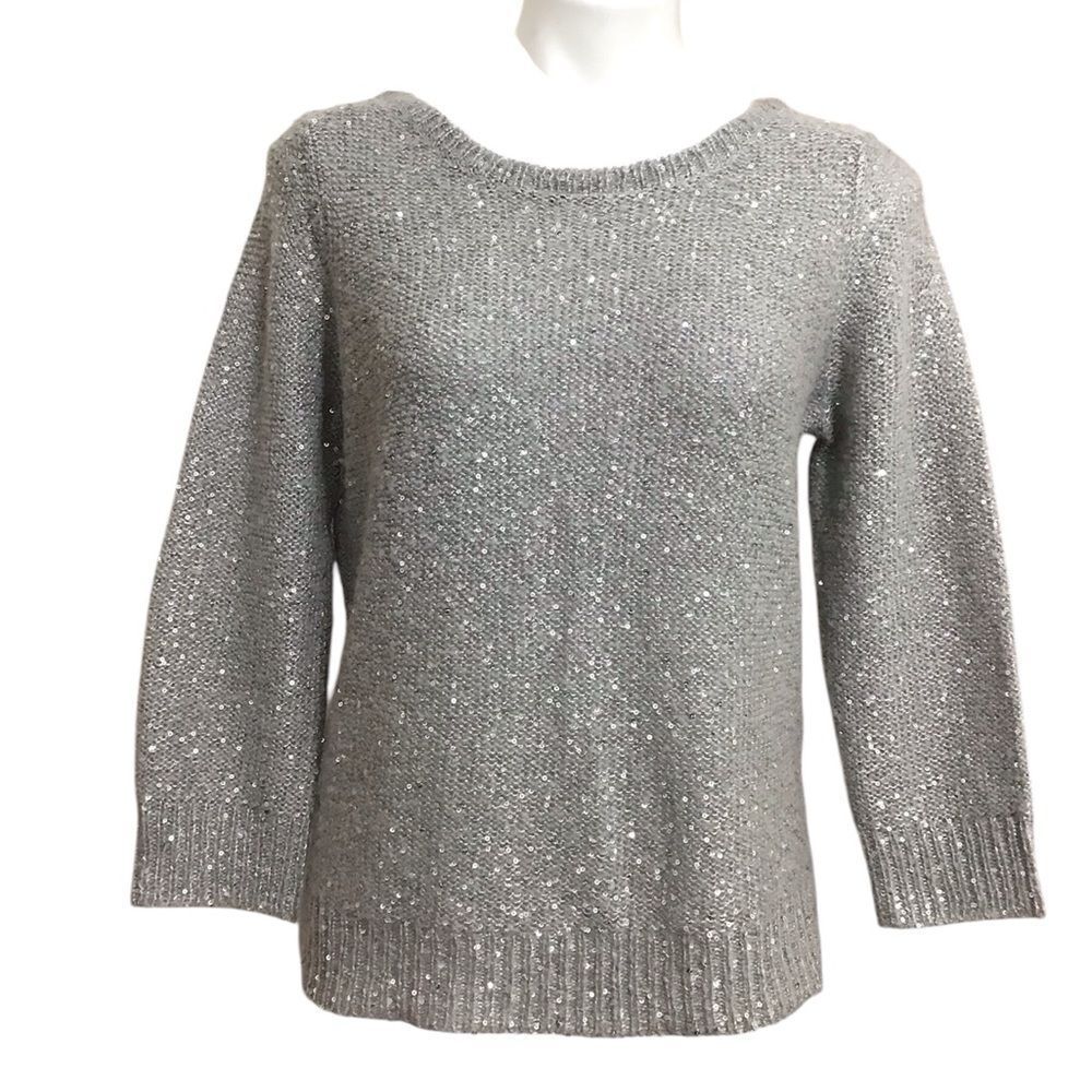 Eileen Fisher Gray Sequin Crew Neck Sweater  Long Sleeve Size Medium Petite